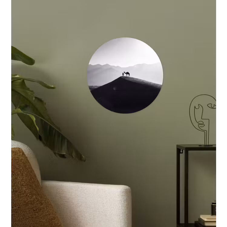 Mens - Kameel - Zandduin - Natuur - Monochroom Wandcirkel behangsticker klein -sfeer2