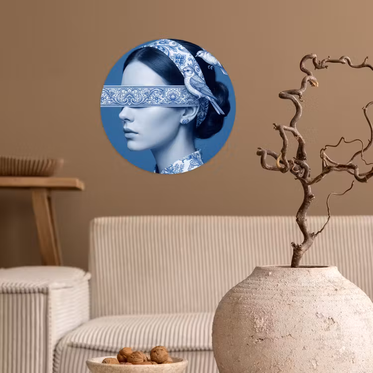 Portret - Klassiek - Wit - Blauw Wandcirkel behangsticker klein -sfeer1