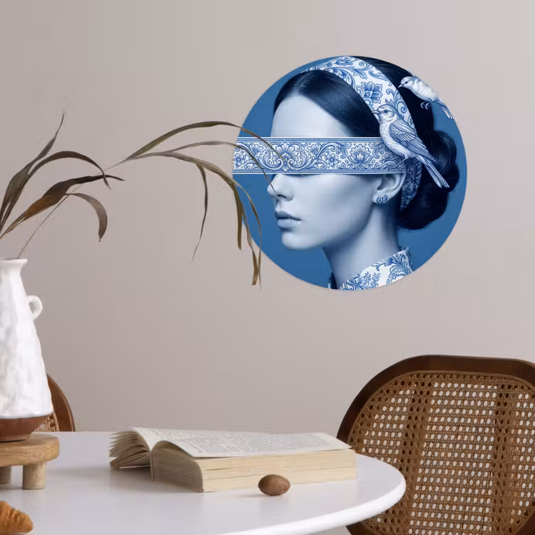 Portret - Klassiek - Wit - Blauw Wandcirkel behangsticker klein -sfeer3