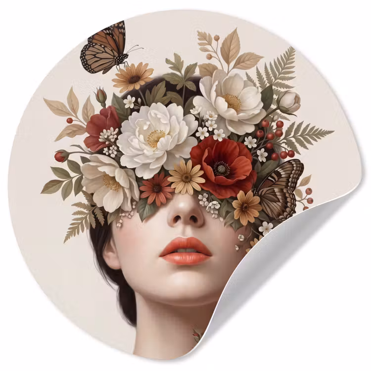 Portret - Bloemen - Cremé Wandcirkel behangsticker klein -3d