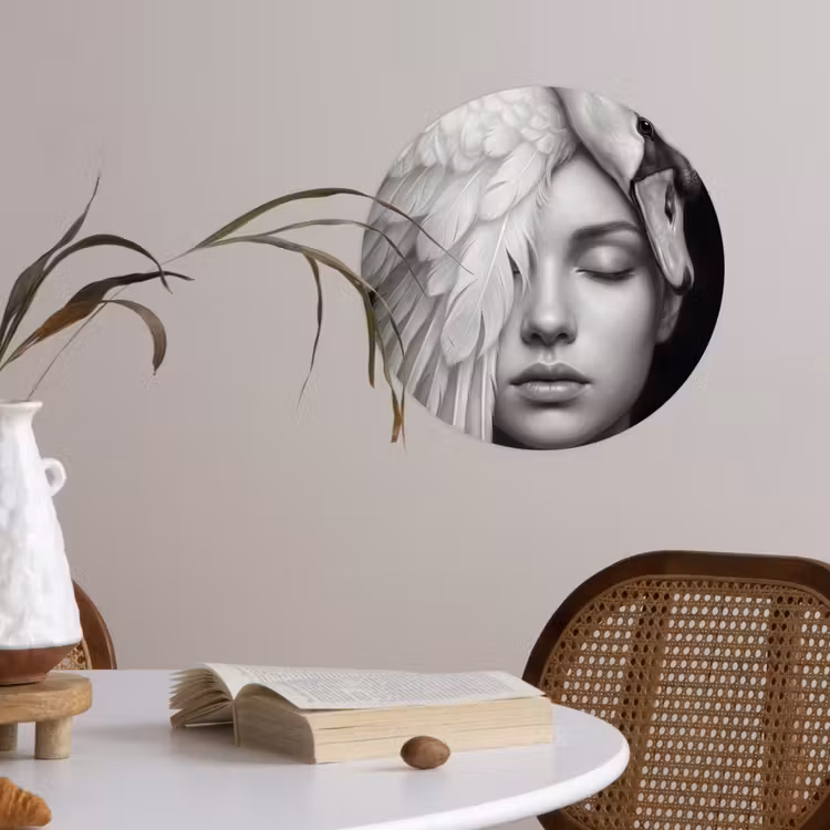 Portret - Zwaan - Zwart - Wit Wandcirkel behangsticker klein -sfeer3