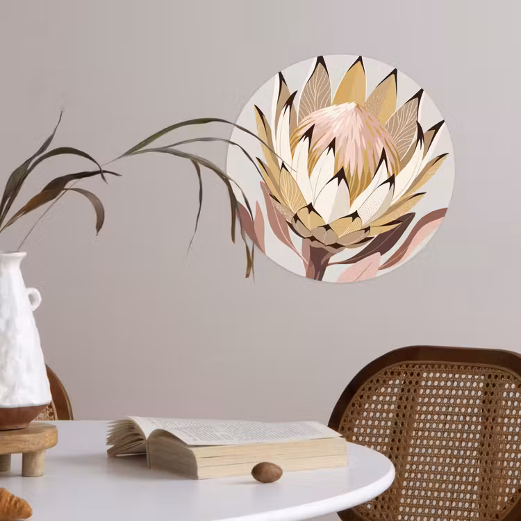 Protea - Bloem - Botanisch - Beige Wandcirkel behangsticker klein -sfeer3
