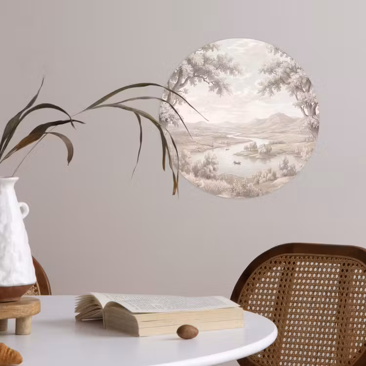 Rivierlandschap - Bergen - Natuur - Vintage - Beige Wandcirkel behangsticker klein -sfeer3