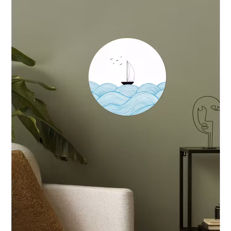 Zeilboot - Golven - Zee - Illustratie - Blauw Wandcirkel behangsticker klein -sfeer2