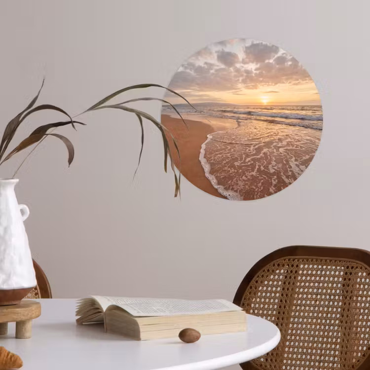 Zee - Kustlijn - Wolken - Landschap - Oranje Wandcirkel behangsticker klein -sfeer3