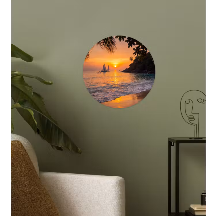 Zee - Zonsondergang - Boot - Natuur - Oranje Wandcirkel behangsticker klein -sfeer2