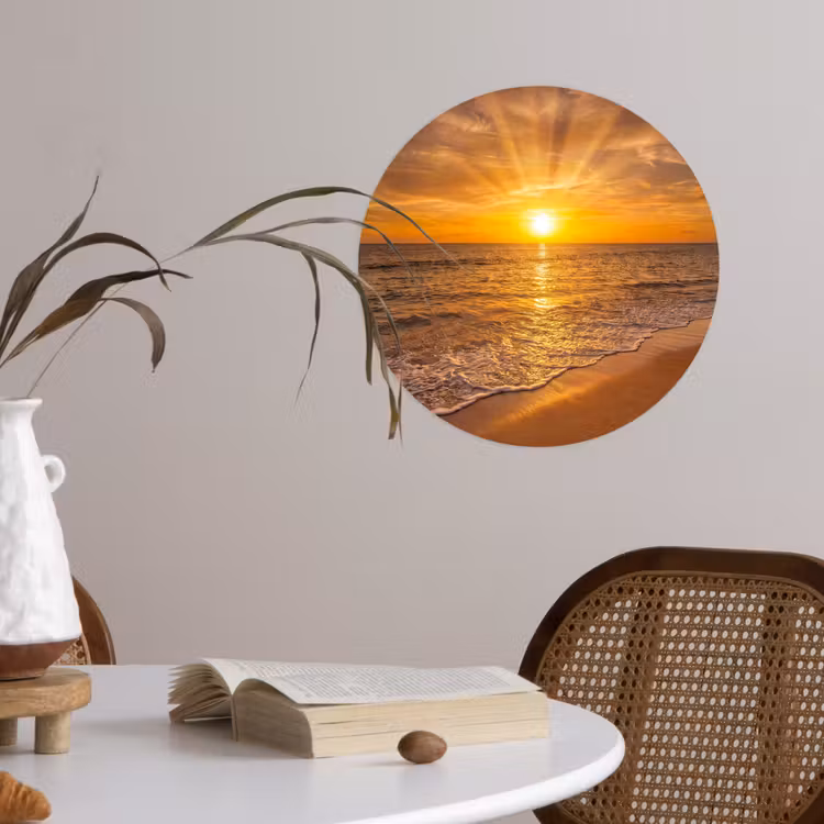 Zee - Zonsondergang - Golven - Kust - Oranje Wandcirkel behangsticker klein -sfeer3
