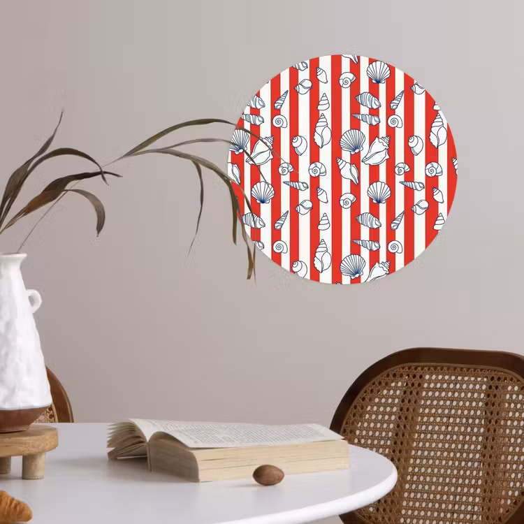 Schelp - Zeedieren - Zomer - Illustratie - Rood - Blauw Wandcirkel behangsticker klein -sfeer3