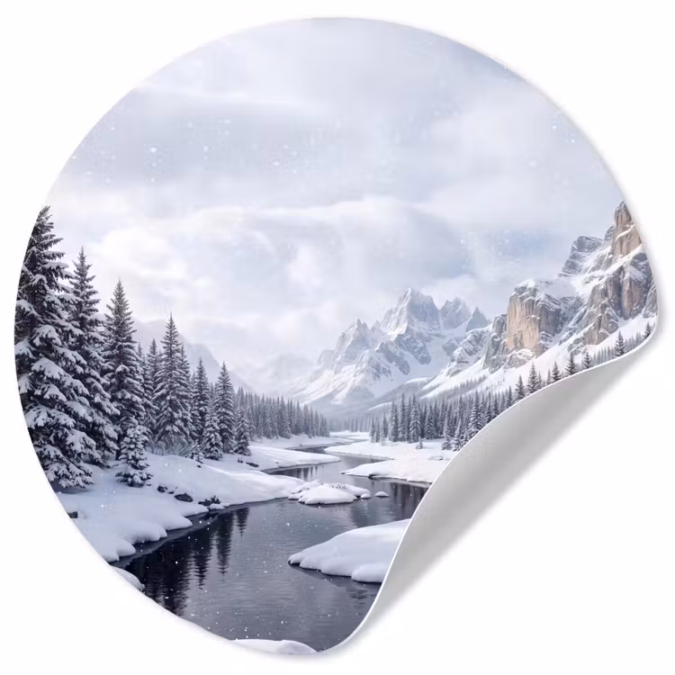 Sneeuwlandschap - Bergen - Rivier - Winter Wandcirkel behangsticker klein -3d