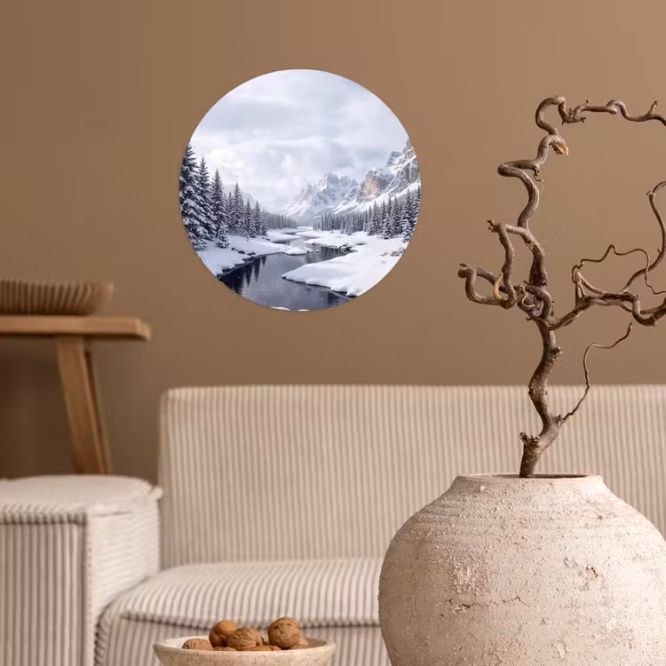 Sneeuwlandschap - Bergen - Rivier - Winter Wandcirkel behangsticker klein -sfeer1