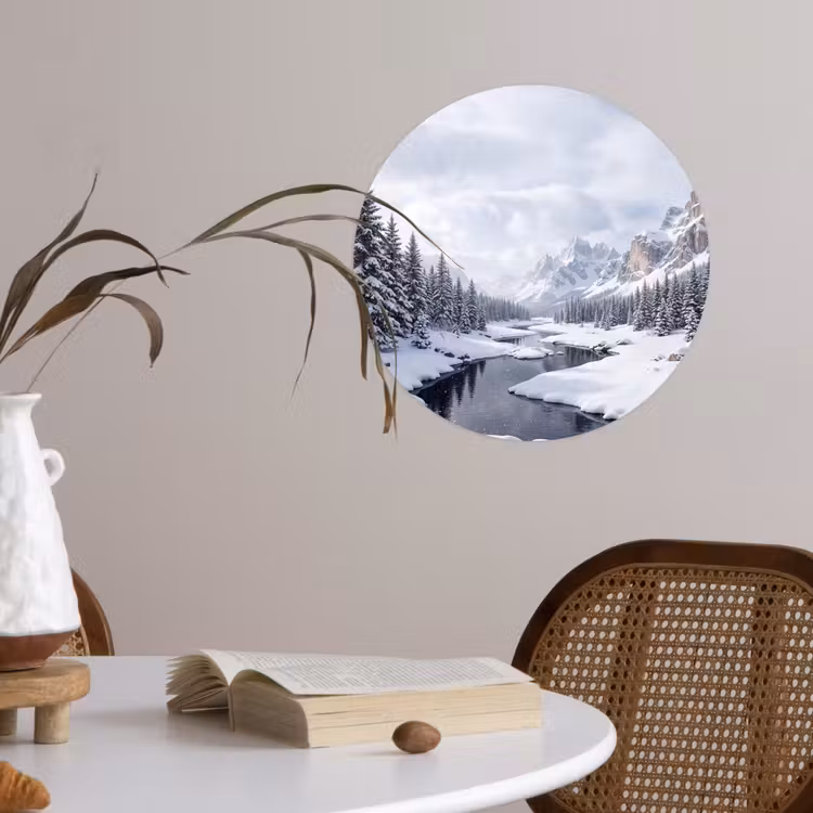 Sneeuwlandschap - Bergen - Rivier - Winter Wandcirkel behangsticker klein -sfeer3