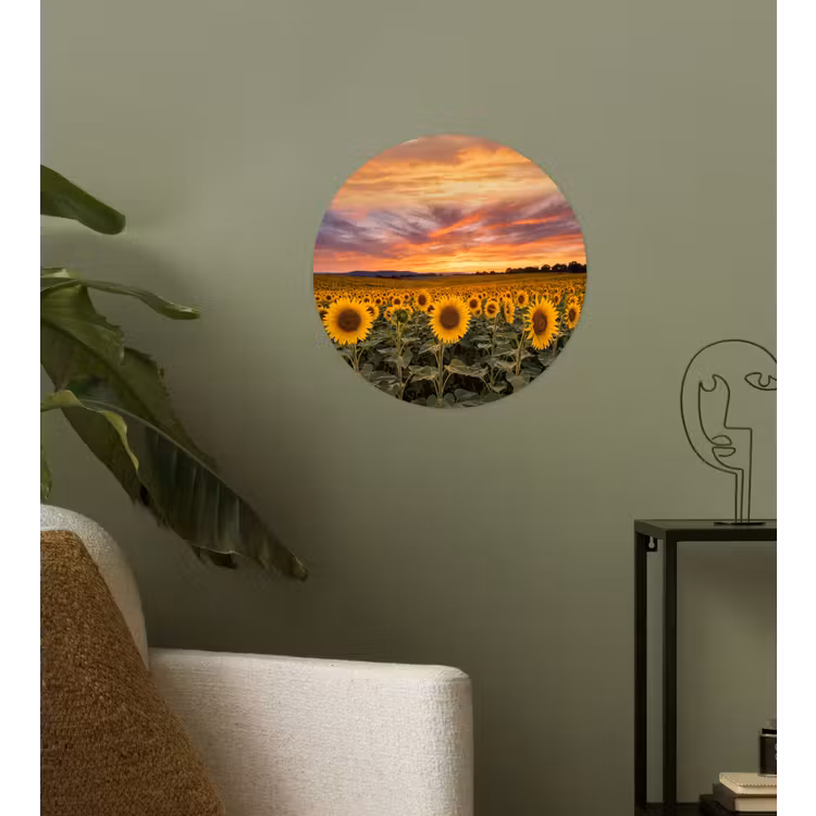 Zonnebloemen - Heuvellandschap - Geel Wandcirkel behangsticker klein -sfeer2