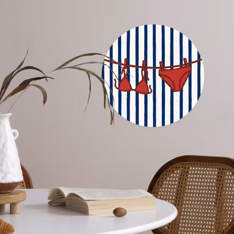 Badkleding - Waslijn - Zomer - Illustratie - Rood Wandcirkel behangsticker klein -sfeer3
