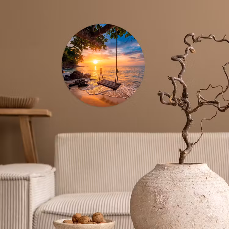 Schommel - Strand - Zonsondergang - Natuur - Oranje Wandcirkel behangsticker klein -sfeer1