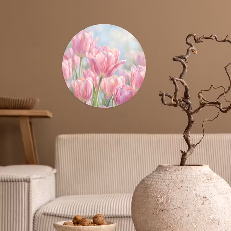 Tulpen - Veld - Lente - Roze Wandcirkel behangsticker klein -sfeer1