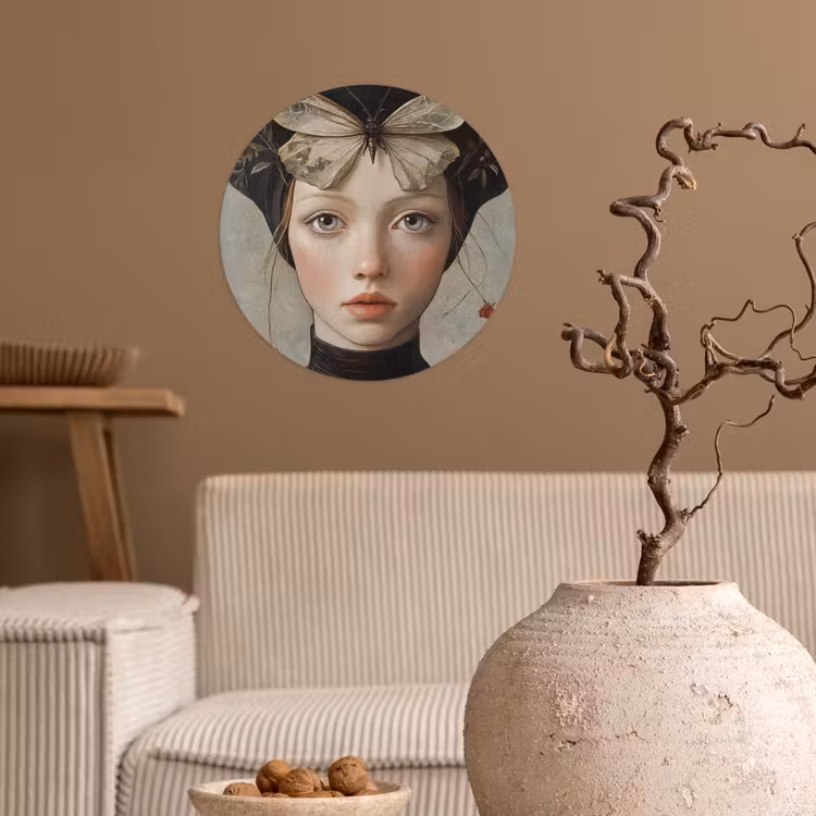 Woman - Butterfly - Art - Classic - Muted Wandcirkel behangsticker klein -sfeer1