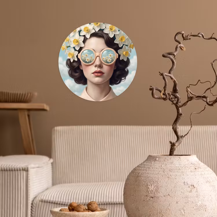 Vrouw - Narcissen - Geel Wandcirkel behangsticker klein -sfeer1