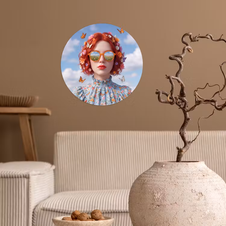 Vrouw - Bloemen - Zomer - Portret - Kleurrijk Wandcirkel behangsticker klein -sfeer1