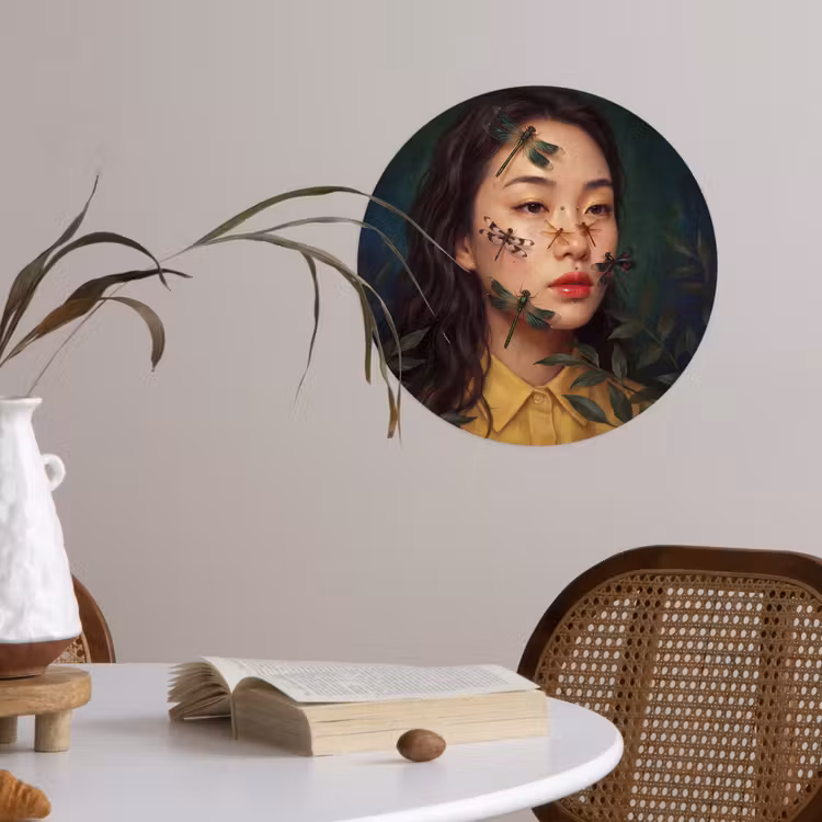 Vrouw - Insecten - Natuur - Portret - Groen Wandcirkel behangsticker klein -sfeer3