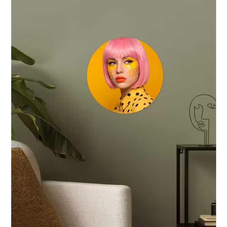 Vrouw - Portret - Abstract - Kleurrijk - Geel Wandcirkel behangsticker klein -sfeer2