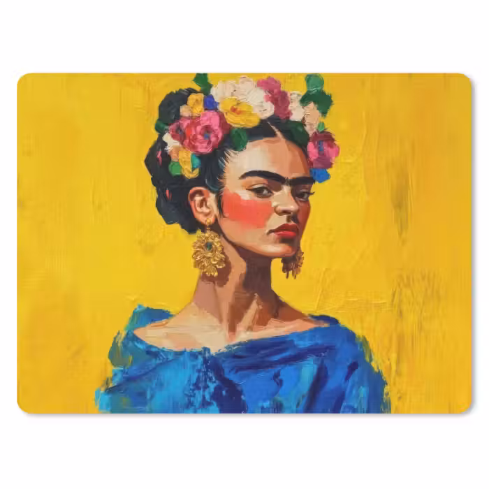 Mouse Pad - Frida Kahlo - Woman - Yellow - Blue - Flowers