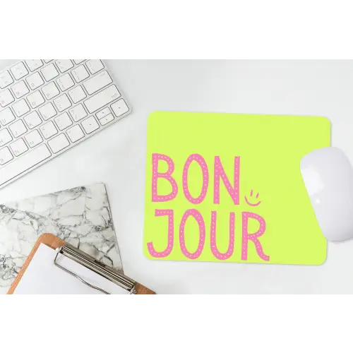 Groen - Smiley - Bonjour - Roze muismat rubber klein -witbureau