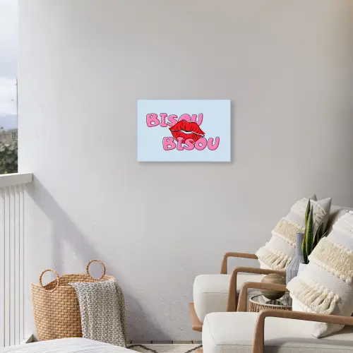 Bisou - Blauw - Roze - Lippen Tuinposter op houten frame 2 cm dik klein -sfeer1