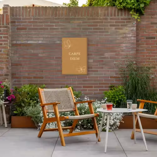 Carpe Diem met Vlinder Tuinposter op houten frame 2 cm dik klein -sfeer3