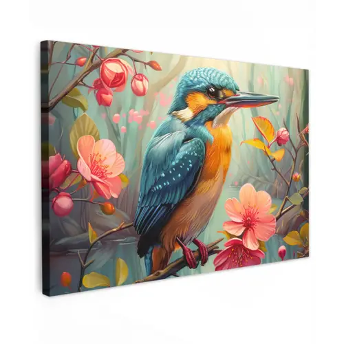 IJsvogel - Bloesem - Natuur - Vogels - Bloemen Tuinposter op houten frame 2 cm dik klein -3d
