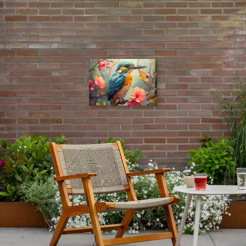 IJsvogel - Bloesem - Natuur - Vogels - Bloemen Tuinposter op houten frame 2 cm dik klein -sfeer3
