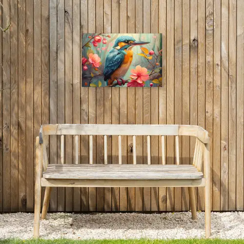 IJsvogel - Bloesem - Natuur - Vogels - Bloemen Tuinposter op houten frame 2 cm dik klein -sfeer4