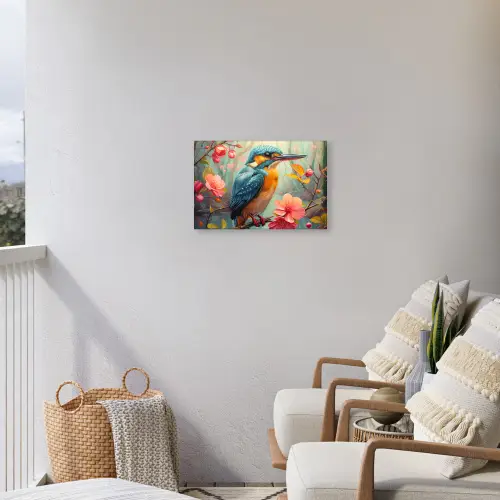 IJsvogel - Bloesem - Natuur - Vogels - Bloemen Tuinposter op houten frame 2 cm dik klein -sfeer1