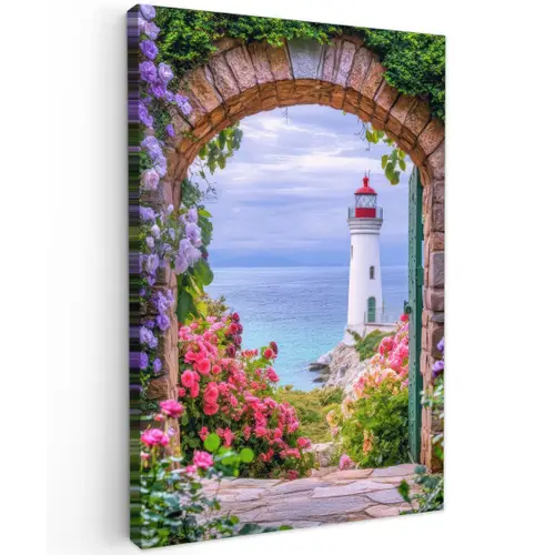 Doorkijk - Vuurtoren - Bloemen - Uitzicht Tuinposter op houten frame 2 cm dik klein -3d