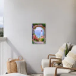 Doorkijk - Vuurtoren - Bloemen - Uitzicht Tuinposter op houten frame 2 cm dik klein -sfeer1
