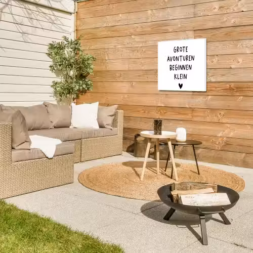 Spreuken - Grote avonturen beginnen klein - Quotes Tuinposter op houten frame 2 cm dik klein -sfeer2