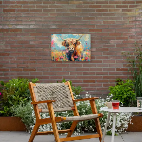 Schotse hooglander - Natuur - Kleurrijk - Bloemen Tuinposter op houten frame 2 cm dik klein -sfeer3