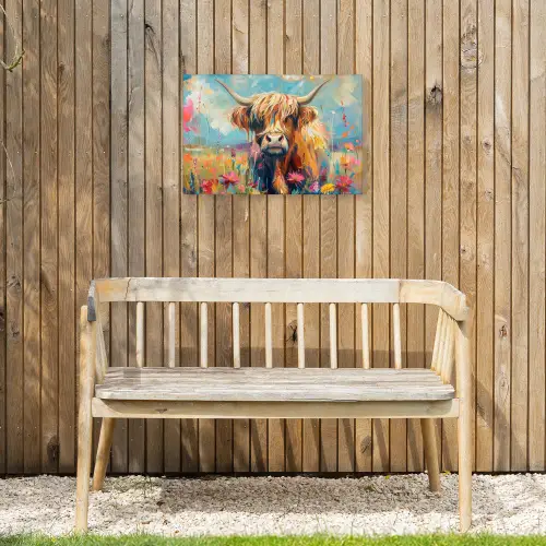 Schotse hooglander - Natuur - Kleurrijk - Bloemen Tuinposter op houten frame 2 cm dik klein -sfeer4