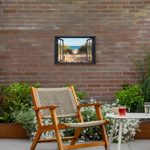 Doorkijk - Strand - Zee - Zand - Water - Helmgras - Duinen Tuinposter op houten frame 2 cm dik klein -sfeer3
