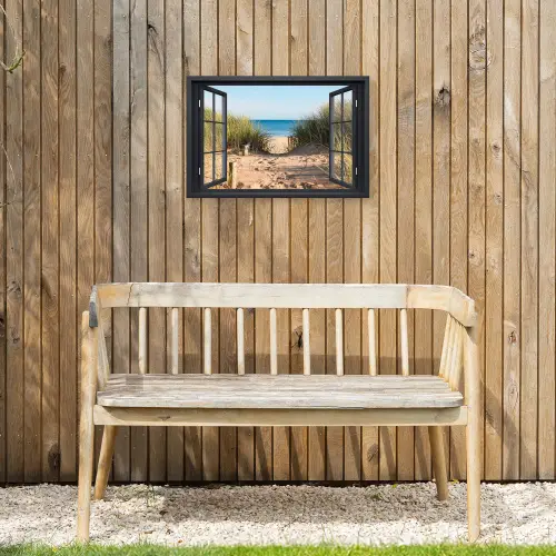 Doorkijk - Strand - Zee - Zand - Water - Helmgras - Duinen Tuinposter op houten frame 2 cm dik klein -sfeer4