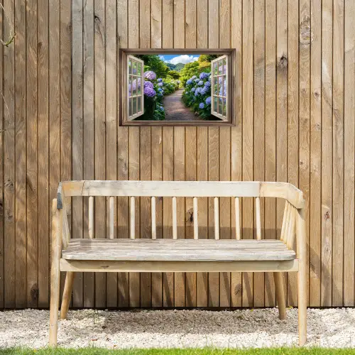 Doorkijk - Hortensia - Pad - Natuur Tuinposter op houten frame 2 cm dik klein -sfeer4