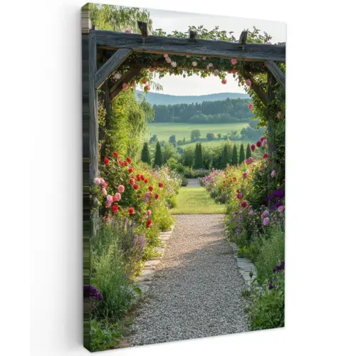 Doorkijk - Landschap - Natuur - Tuinboog - Bloemen Tuinposter op houten frame 2 cm dik klein -3d