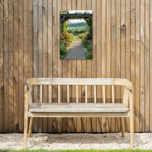Doorkijk - Landschap - Natuur - Tuinboog - Bloemen Tuinposter op houten frame 2 cm dik klein -sfeer4