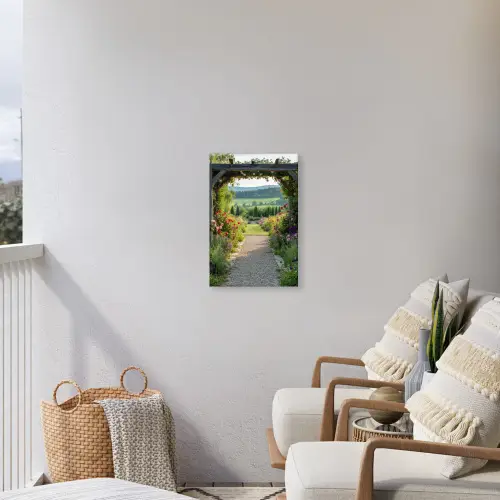 Doorkijk - Landschap - Natuur - Tuinboog - Bloemen Tuinposter op houten frame 2 cm dik klein -sfeer1