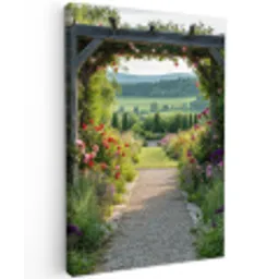 Doorkijk - Landschap - Natuur - Tuinboog - Bloemen Tuinposter op houten frame 2 cm dik klein -3d