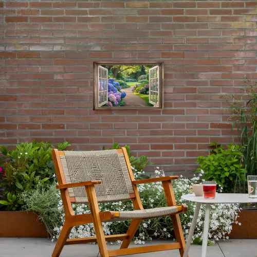 Doorkijk - Tuin - Raam - Hortensia - Bloemen Tuinposter op houten frame 2 cm dik klein -sfeer3