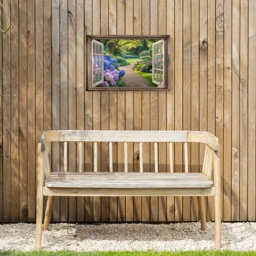 Doorkijk - Tuin - Raam - Hortensia - Bloemen Tuinposter op houten frame 2 cm dik klein -sfeer4