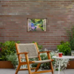 Doorkijk - Tuin - Raam - Hortensia - Bloemen Tuinposter op houten frame 2 cm dik klein -sfeer3
