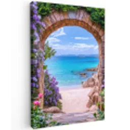 Doorkijk - Poort - Zee - Strand - Rotsen Tuinposter op houten frame 2 cm dik klein -3d