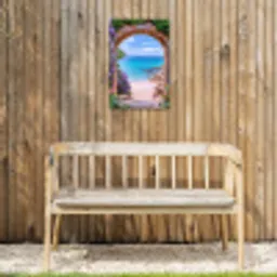 Doorkijk - Poort - Zee - Strand - Rotsen Tuinposter op houten frame 2 cm dik klein -sfeer4