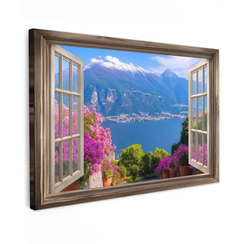 Doorkijk - Berg - Landschap - Uitzicht - Meer Tuinposter op houten frame 2 cm dik klein -3d